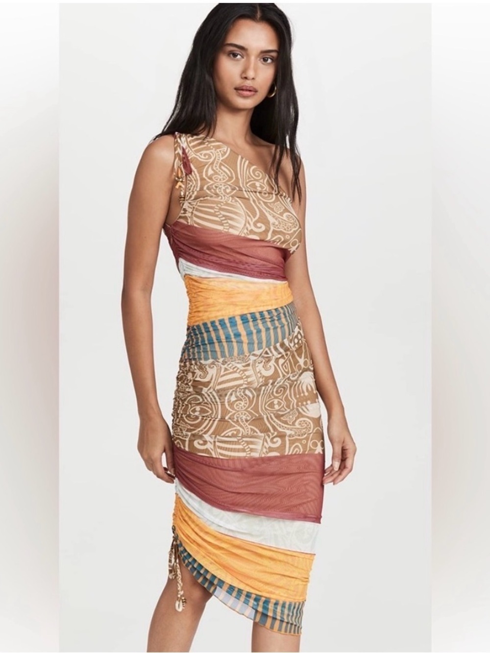 Alexis Designer Mesh Midi Dress Ruched Bodycon Patchwork Resort Vacation